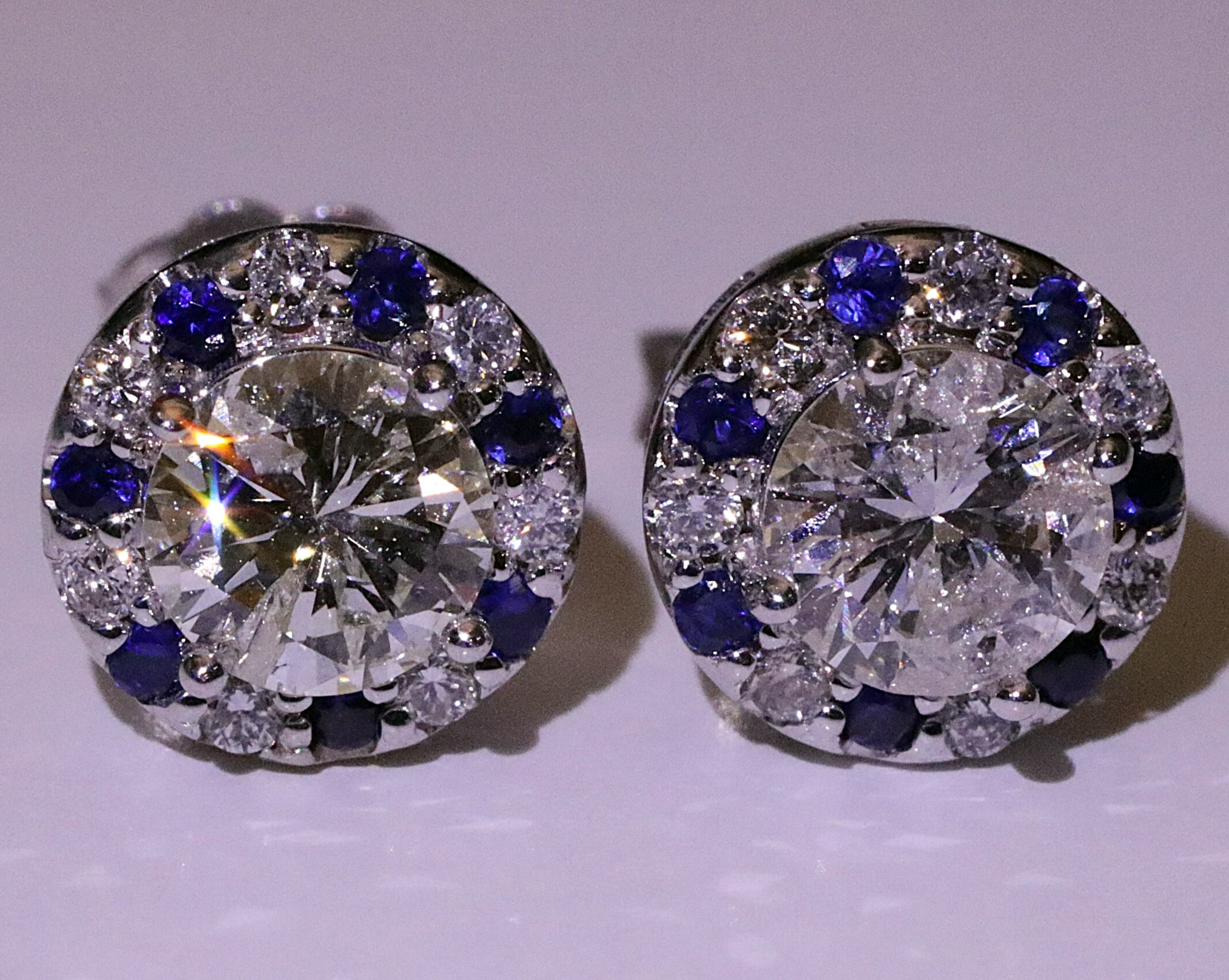 14K White Gold Sapphires Earrings 1/2 Caret Center Diamond