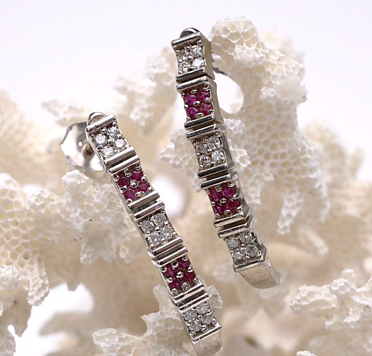 14K White Gold Half Loop Earrings w/ Rubies & Diamonds