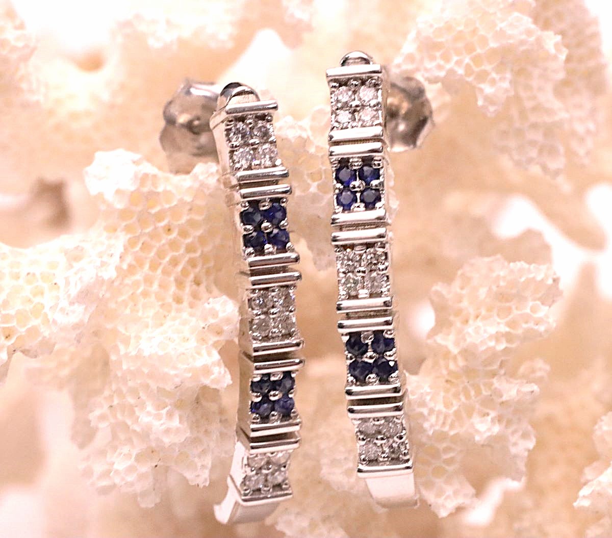 14K White Gold Half Loop Earrings w/ Sapphires & Diamonds